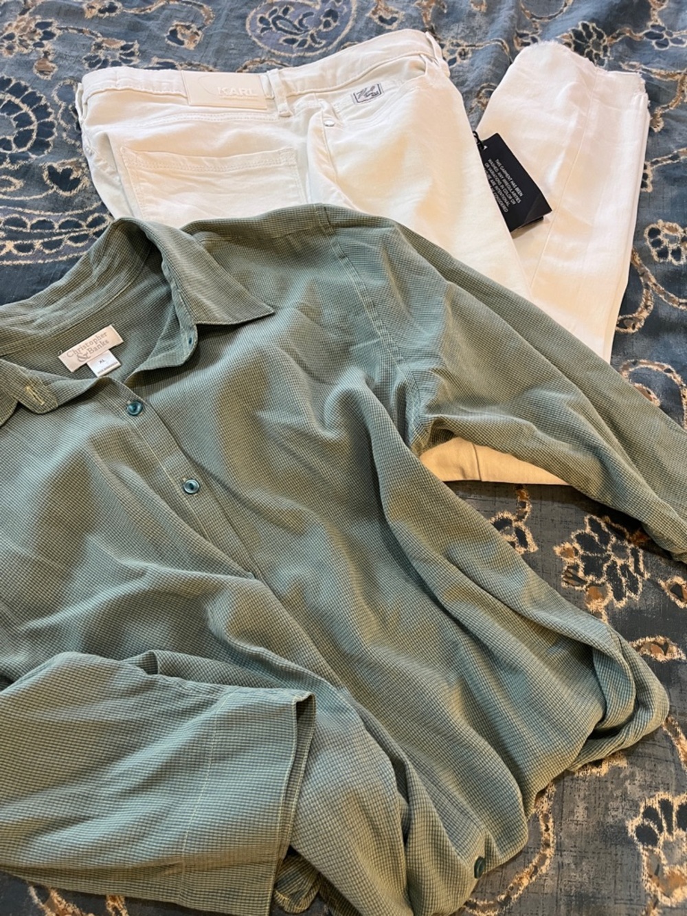 Christopher & Banks Sage Waffle-Knit Button-Up Shirt and White Pants Set
